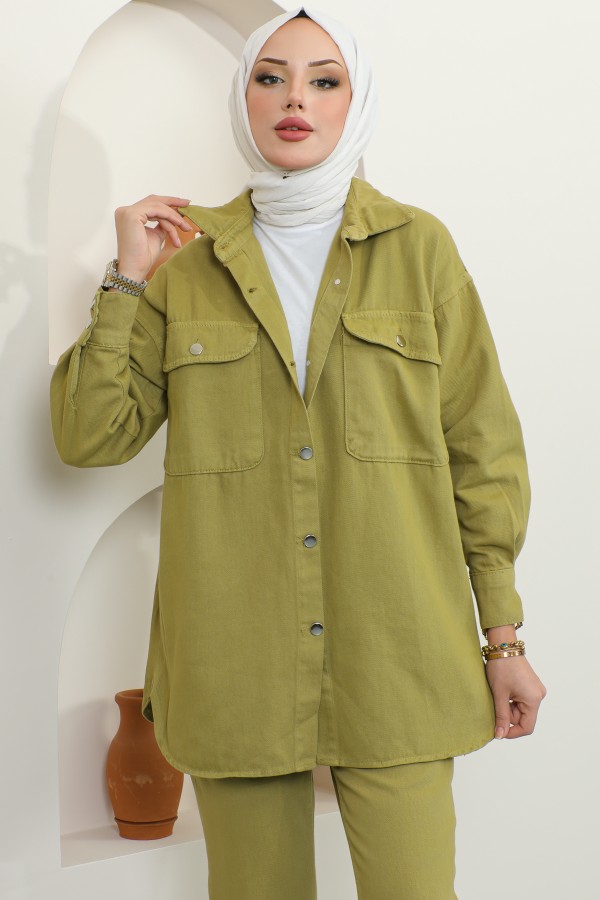 Ceket Pantolon Tesettür İkili Kot Takım Yağ Yeşili 8175 Ceket Pantolon Tesettür İkili Kot Takım Yağ Yeşili 8175