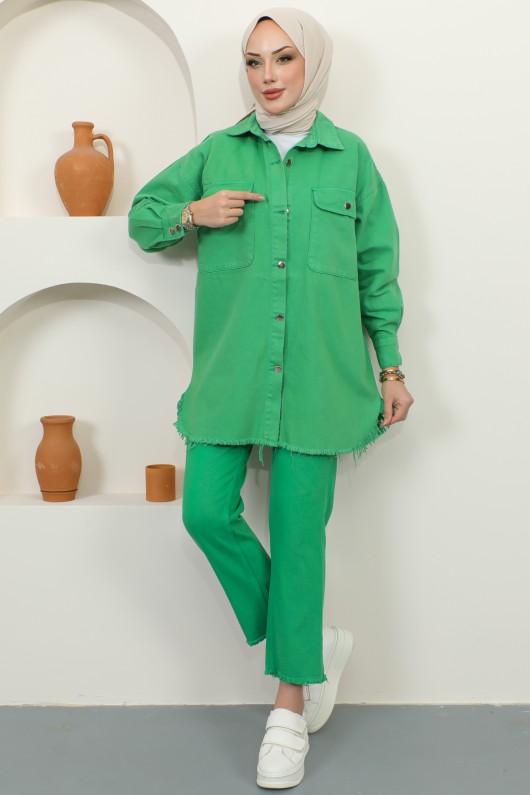 5718 Püsküllü  Ceket Pantalon İkili Takım Yeşil