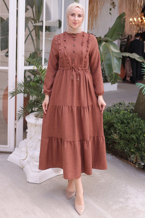  Fırfırlı Elbise Taba 6814