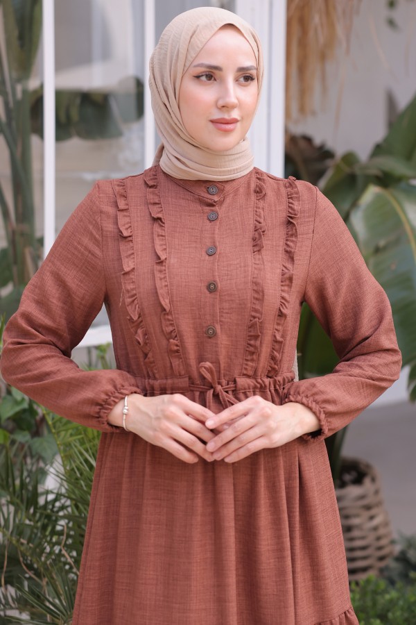  Fırfırlı Elbise Taba 6814