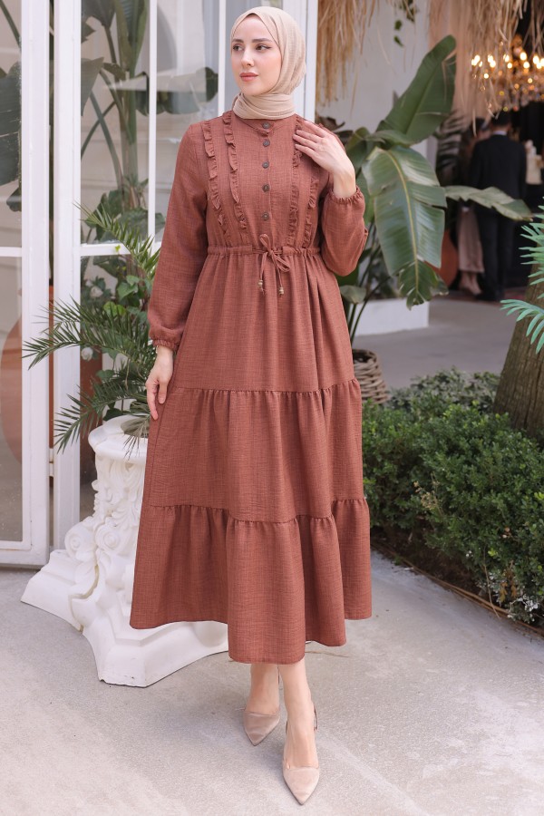  Fırfırlı Elbise Taba 6814