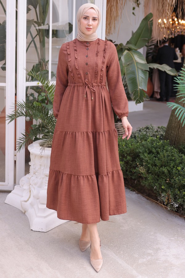  Fırfırlı Elbise Taba 6814