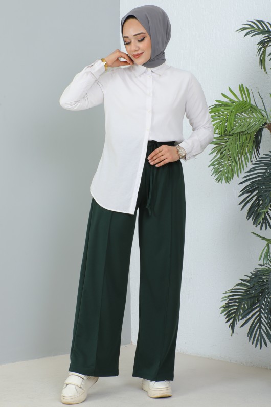 3042-1 Belli Lastikli Rahat Kesim Salaş Pantalon Zümrüt Yeşili