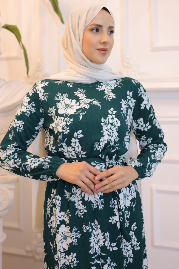Beli Lastikli Çiçek Desenli Elbise Yeşil 3953 Beli Lastikli Çiçek Desenli Elbise Yeşil 3953