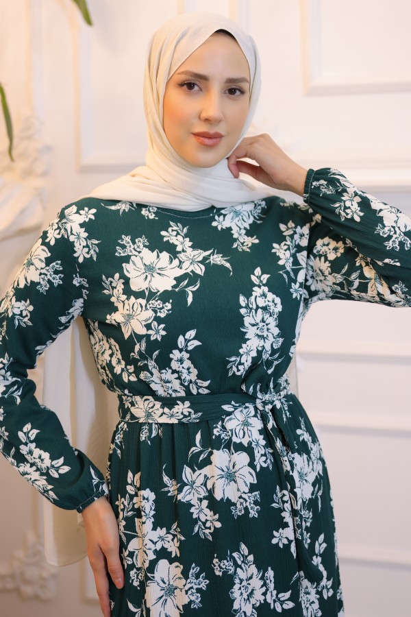 Beli Lastikli Çiçek Desenli Elbise Yeşil 3953 Beli Lastikli Çiçek Desenli Elbise Yeşil 3953