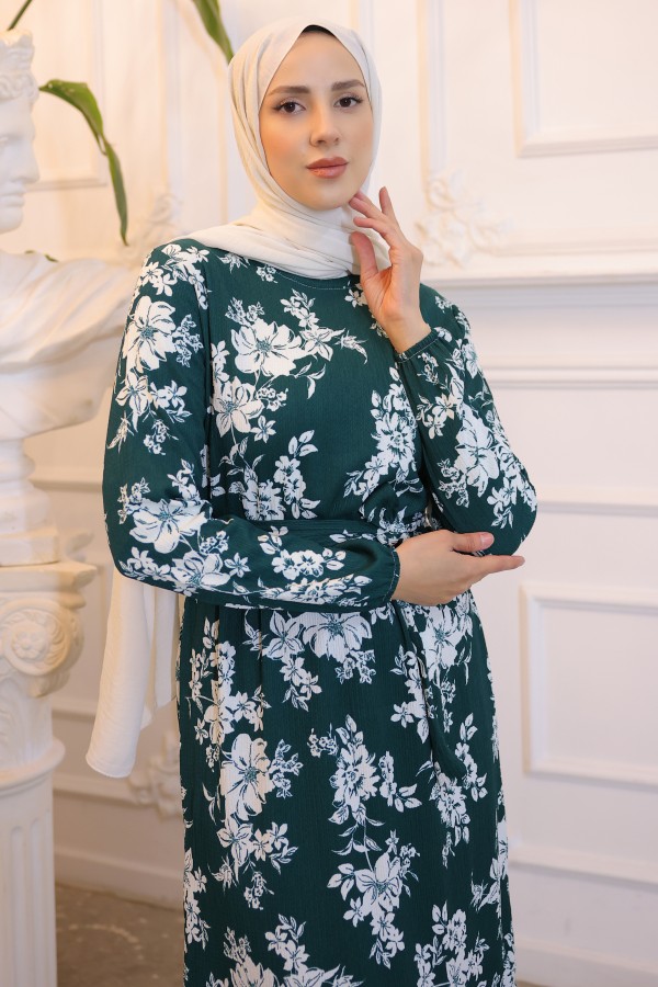 Beli Lastikli Çiçek Desenli Elbise Yeşil 3953 Beli Lastikli Çiçek Desenli Elbise Yeşil 3953