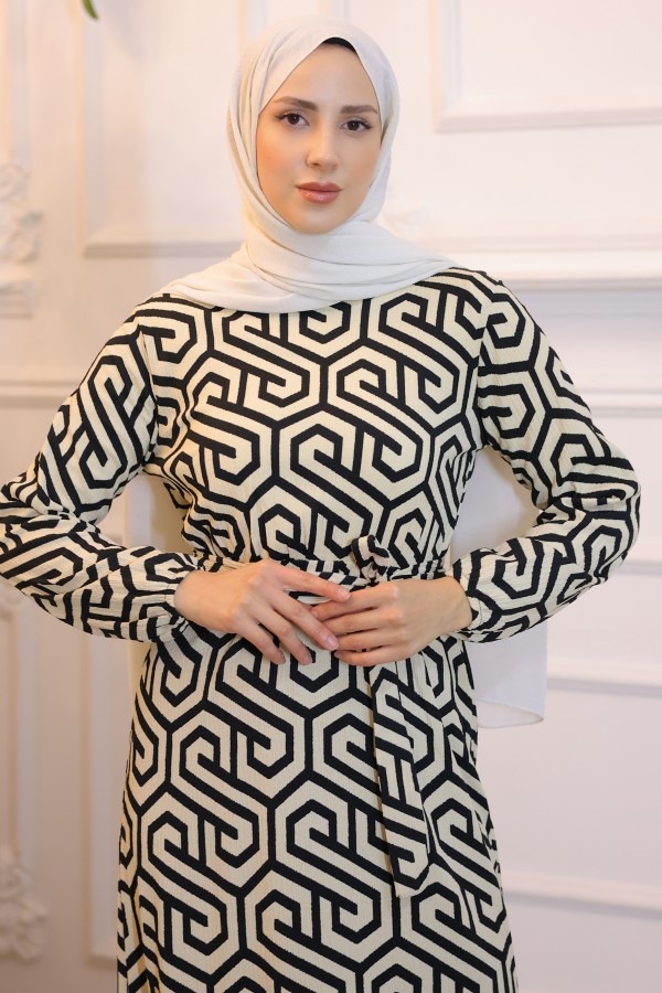  Geometrik Desenli Elbise Siyah 3968