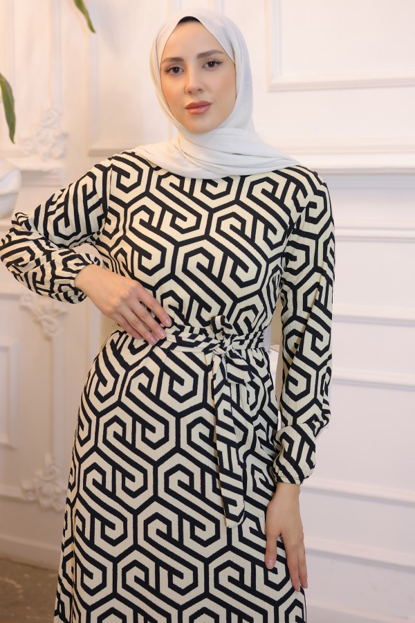  Geometrik Desenli Elbise Siyah 3968