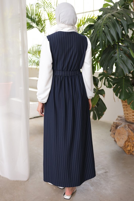 3906 Çizgi Detaylı Yakalı Elbise Lacivert