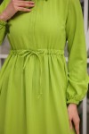 61609 Beli Bağlamalı Büzgülü Elbise Yeşil