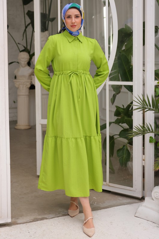 61609 Beli Bağlamalı Büzgülü Elbise Yeşil