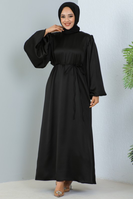 2069 Uzun Saten Elbise Siyah