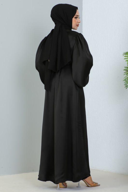 2069 Uzun Saten Elbise Siyah