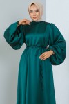 2069 Uzun Saten Elbise Zümrüt Yeşili