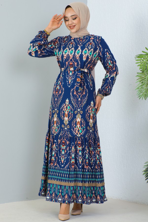  Desenli Elbise İndigo 12009