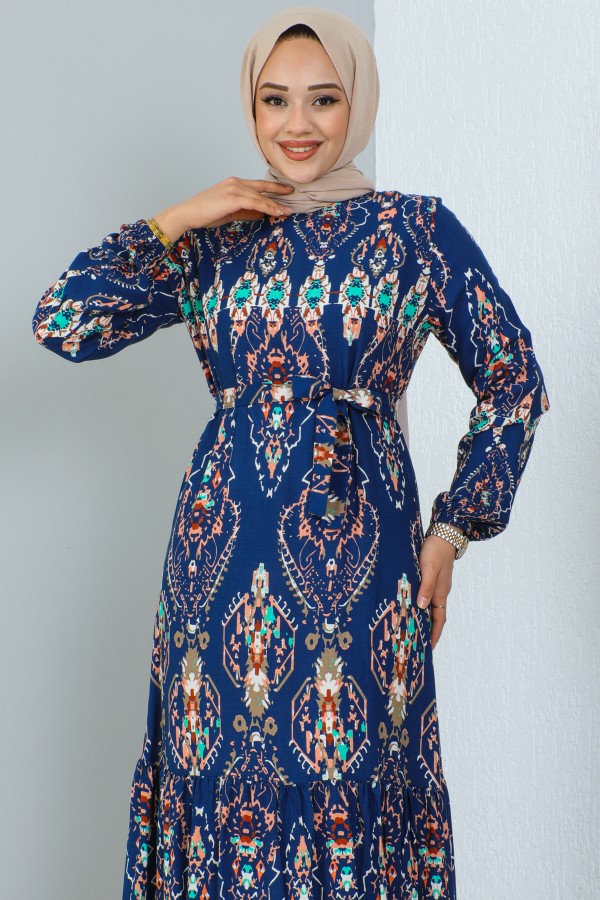  Desenli Elbise İndigo 12009