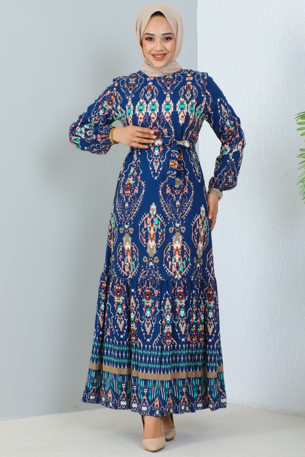  Desenli Elbise İndigo 12009