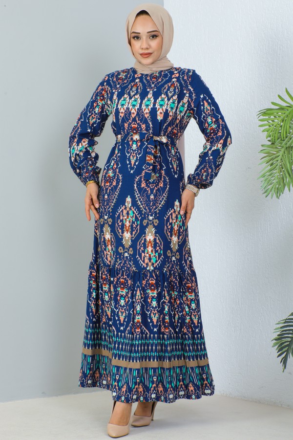  Desenli Elbise İndigo 12009
