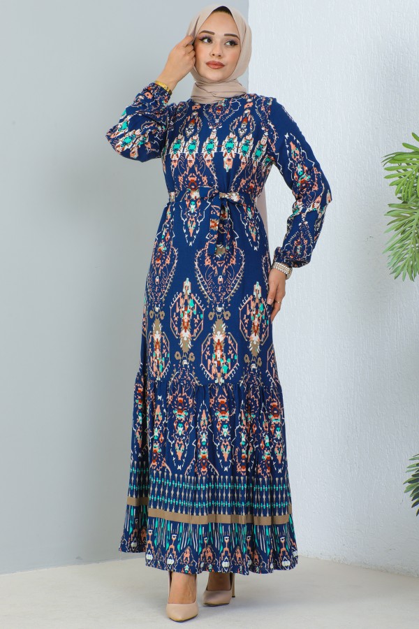  Desenli Elbise İndigo 12009