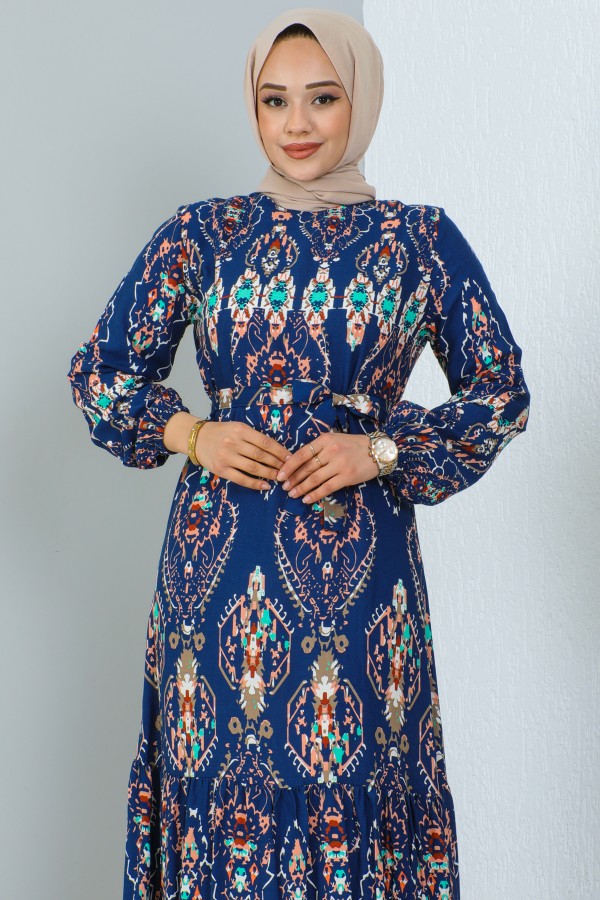  Desenli Elbise İndigo 12009