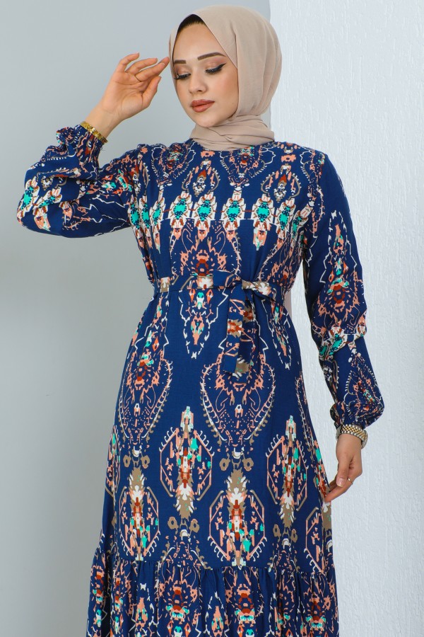  Desenli Elbise İndigo 12009