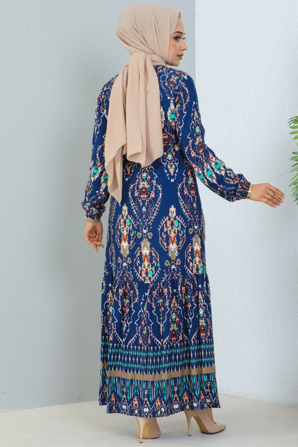  Desenli Elbise İndigo 12009