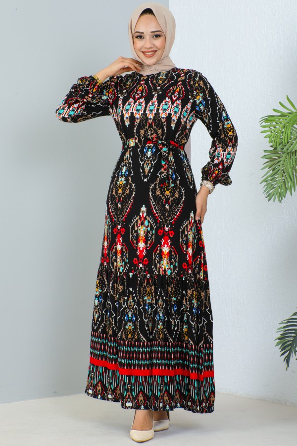  Desenli Elbise Siyah 12009