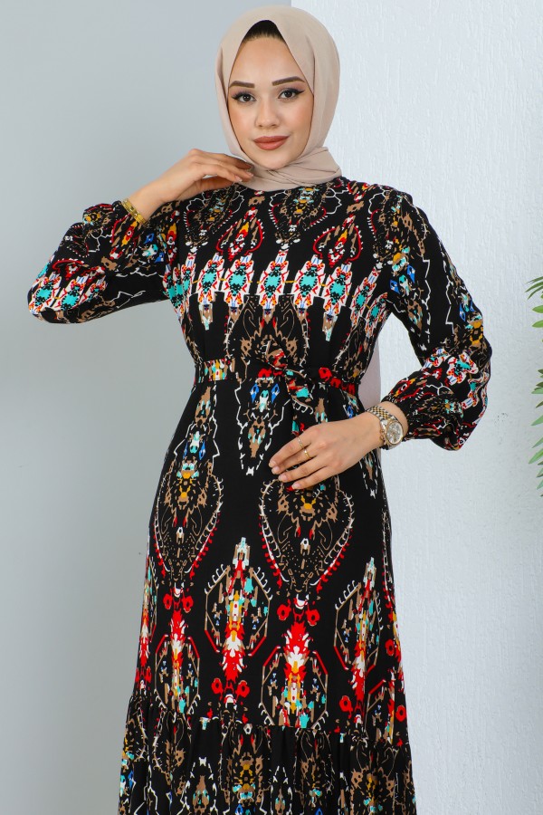  Desenli Elbise Siyah 12009