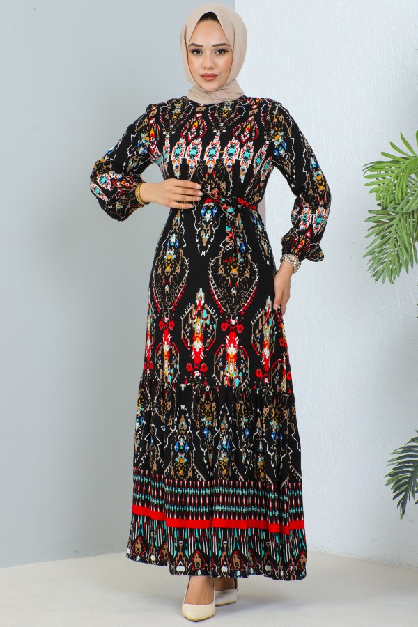 Desenli Elbise Siyah 12009