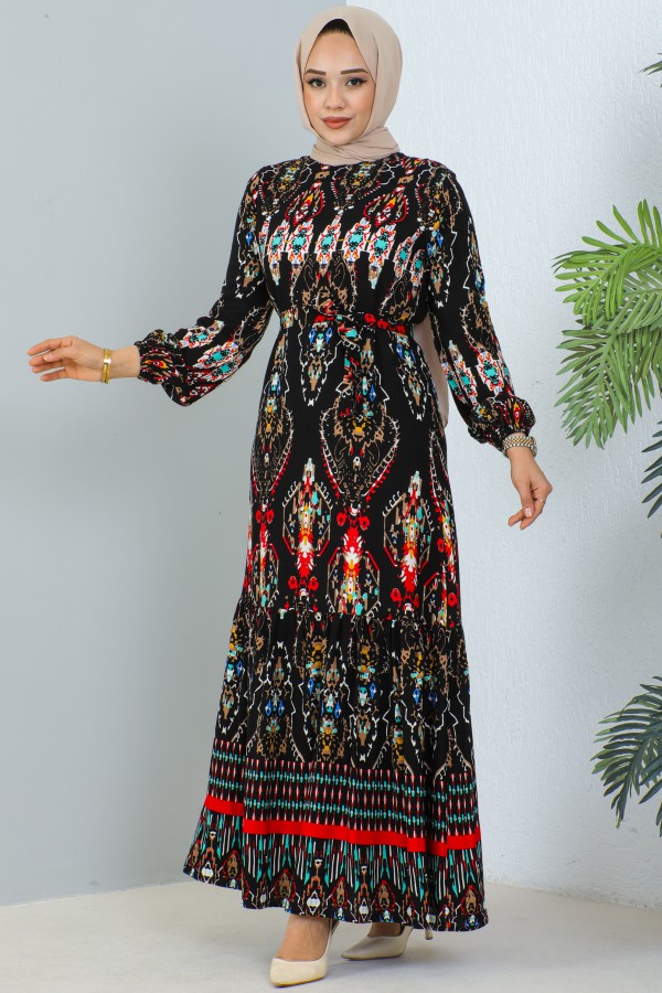  Desenli Elbise Siyah 12009