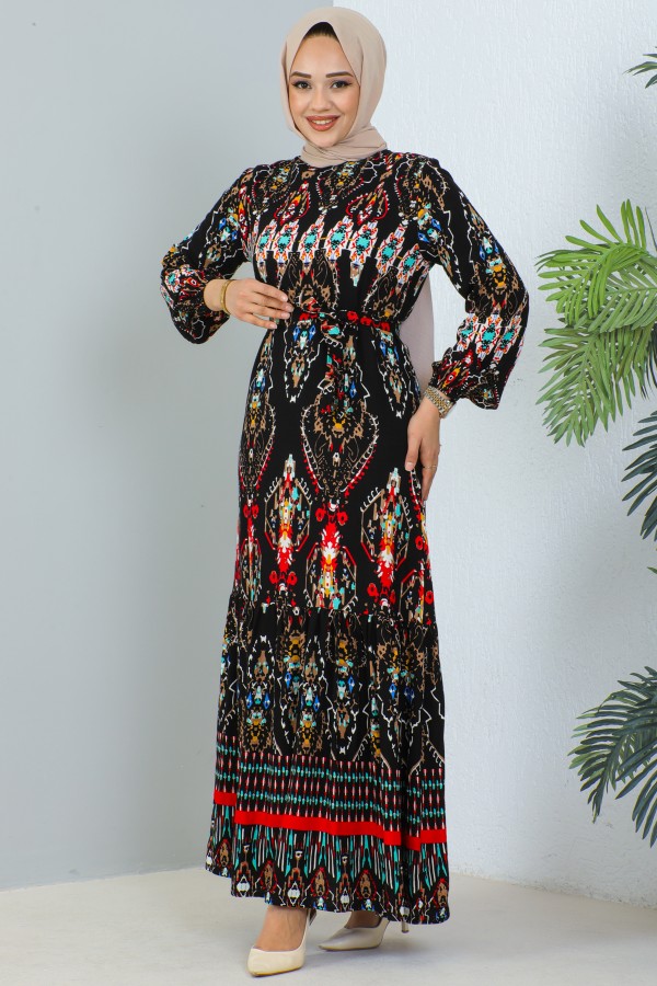  Desenli Elbise Siyah 12009