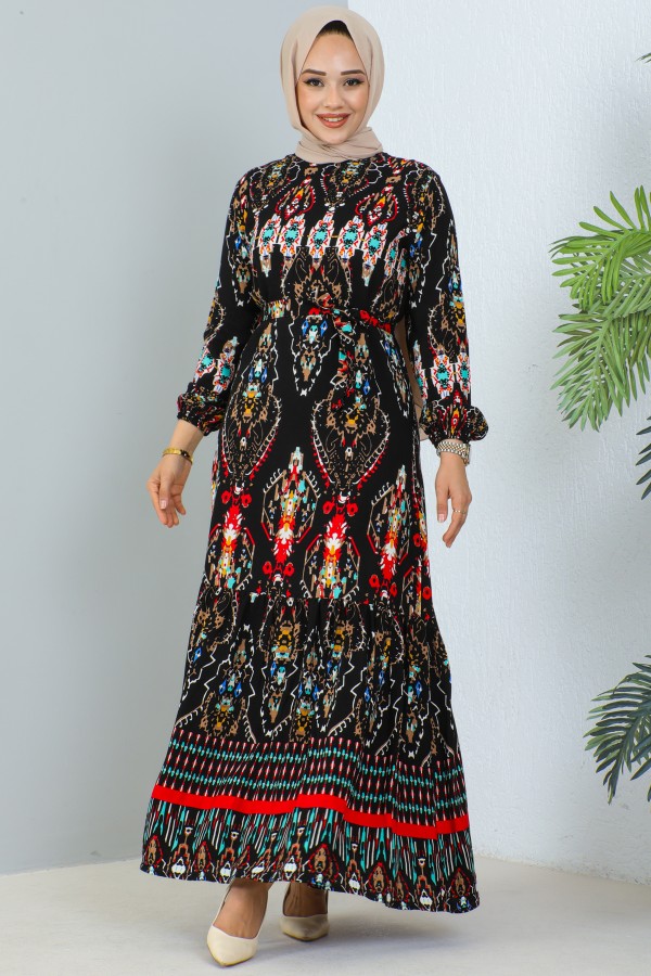  Desenli Elbise Siyah 12009