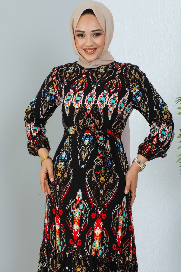  Desenli Elbise Siyah 12009