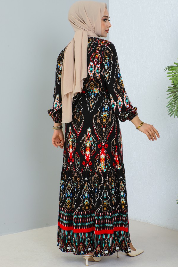  Desenli Elbise Siyah 12009