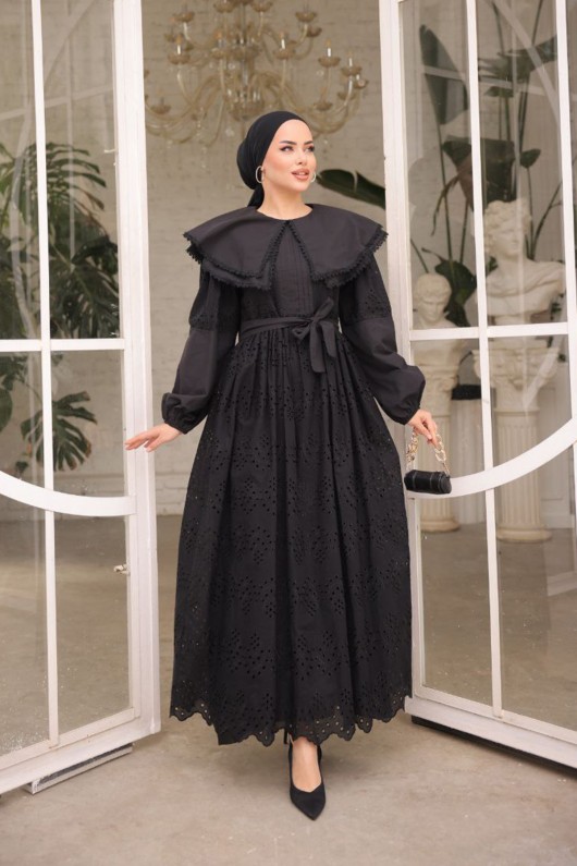 1421 Yaka Detaylı Dantelli Elbise Siyah