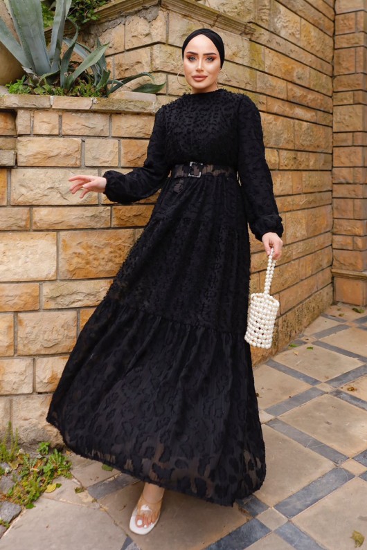 1389-1 Kemerli Kesme Şifon Elbise Siyah