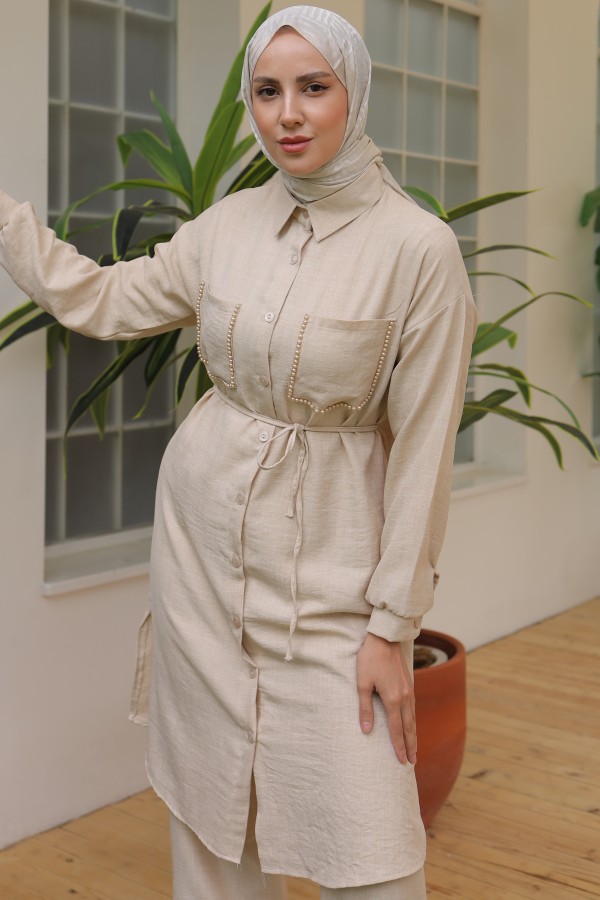  Uzun Tunikli Keten Takım Taş Rengi 4035