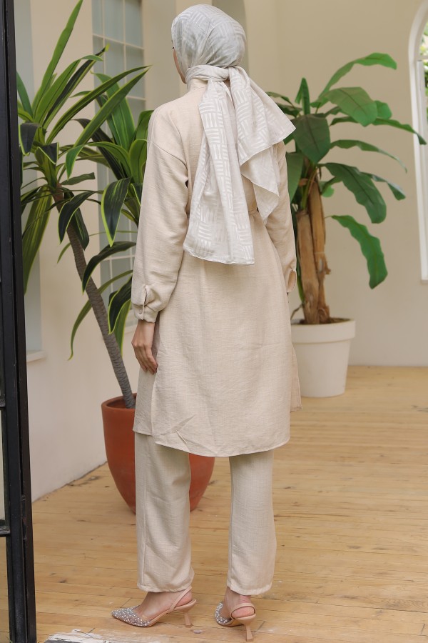  Uzun Tunikli Keten Takım Taş Rengi 4035