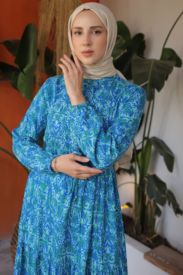  Desenli Elbise Mavi 12013