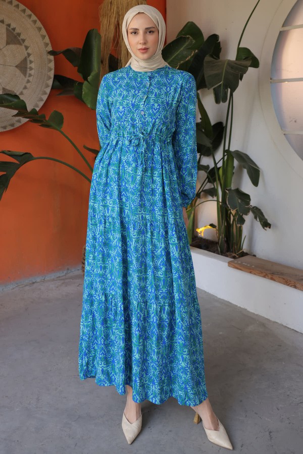  Desenli Elbise Mavi 12013