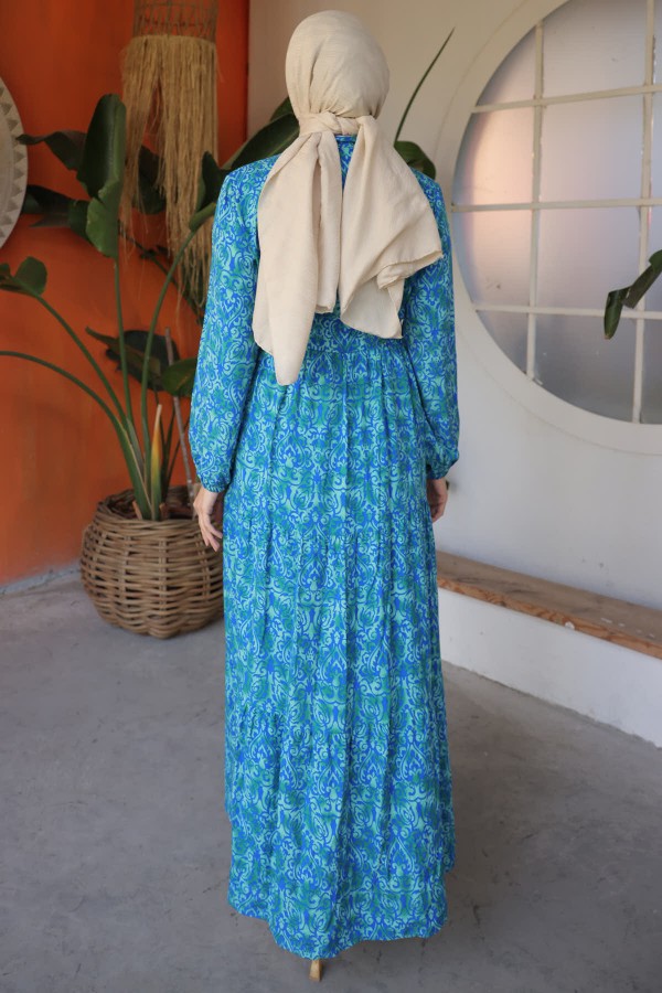  Desenli Elbise Mavi 12013