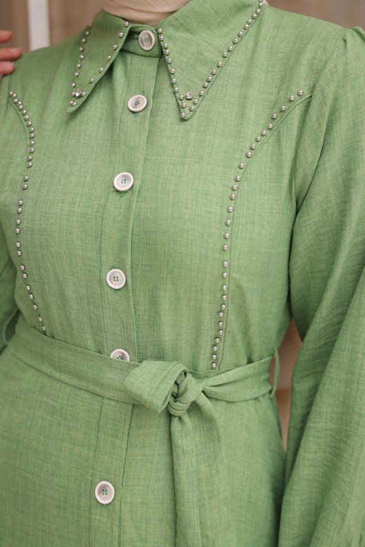Kadın Boncuk Detaylı Elbise 6809 Yeşil
