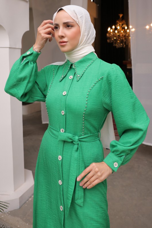 Kadın Boncuk Detaylı Elbise 6809 Zümrüt Yeşili