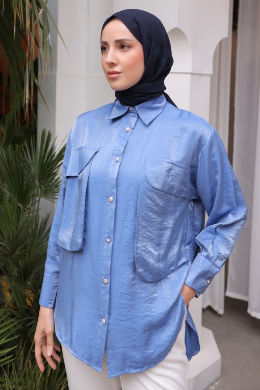 Kadın Büyük Cep Detaylı Gömlek 2081 Mavi