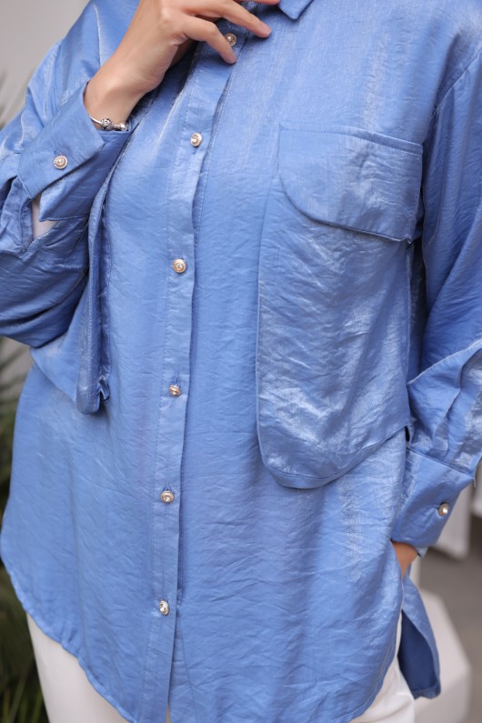 Kadın Büyük Cep Detaylı Gömlek 2081 Mavi