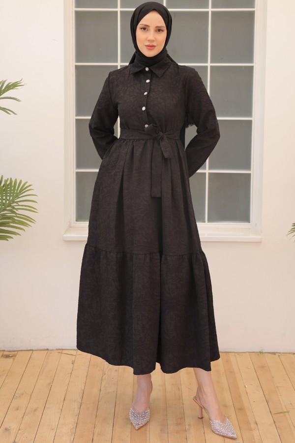  Kabartma Desenli Elbise Siyah 61628