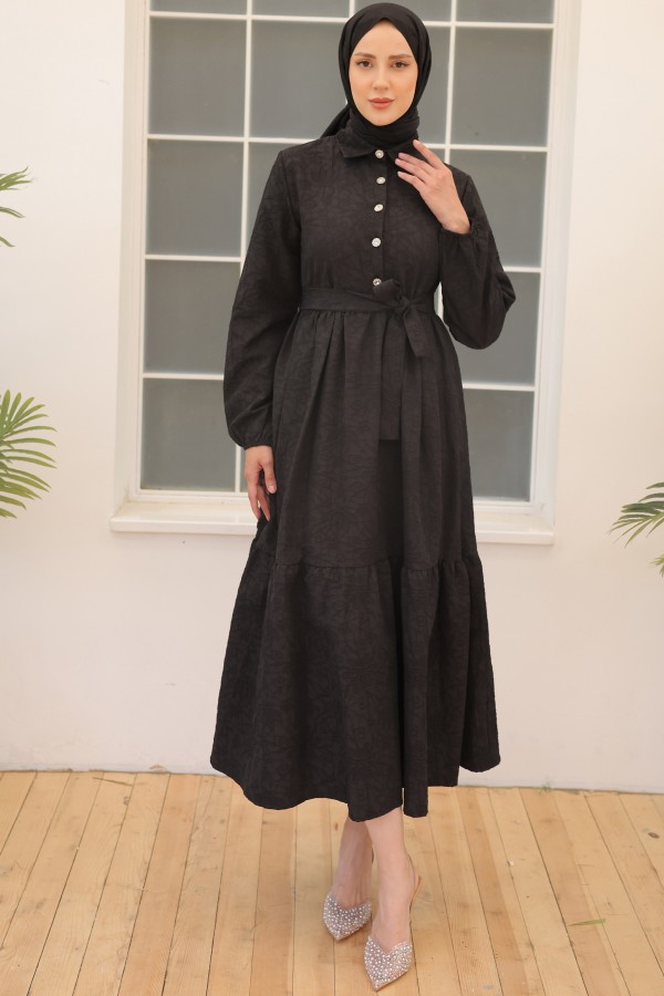  Kabartma Desenli Elbise Siyah 61628