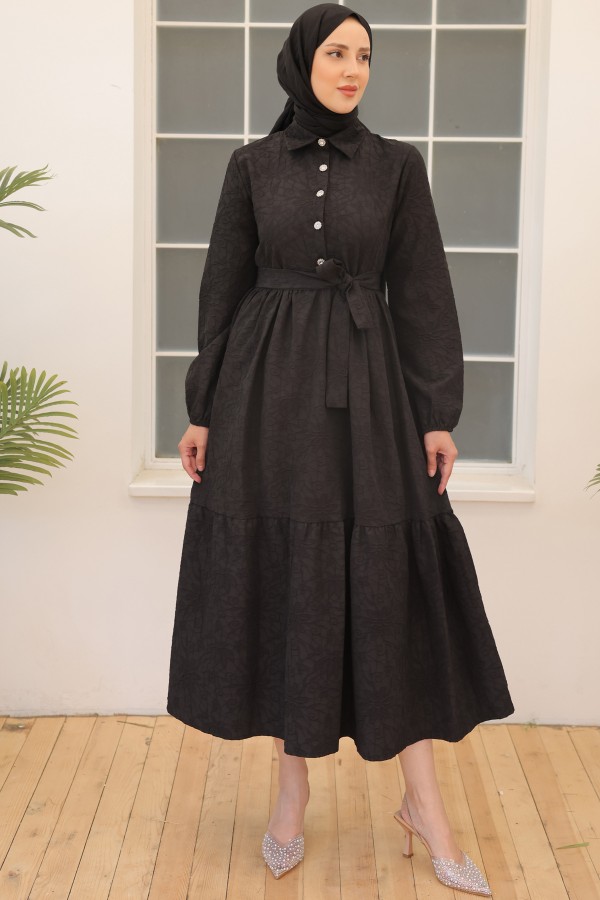  Kabartma Desenli Elbise Siyah 61628