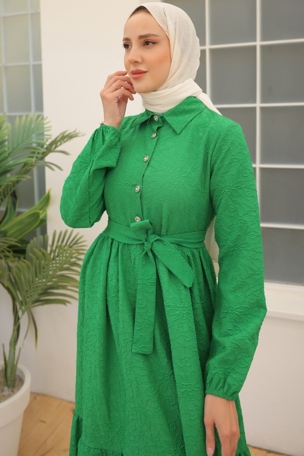  Kabartma Desenli Elbise Yeşil 61628