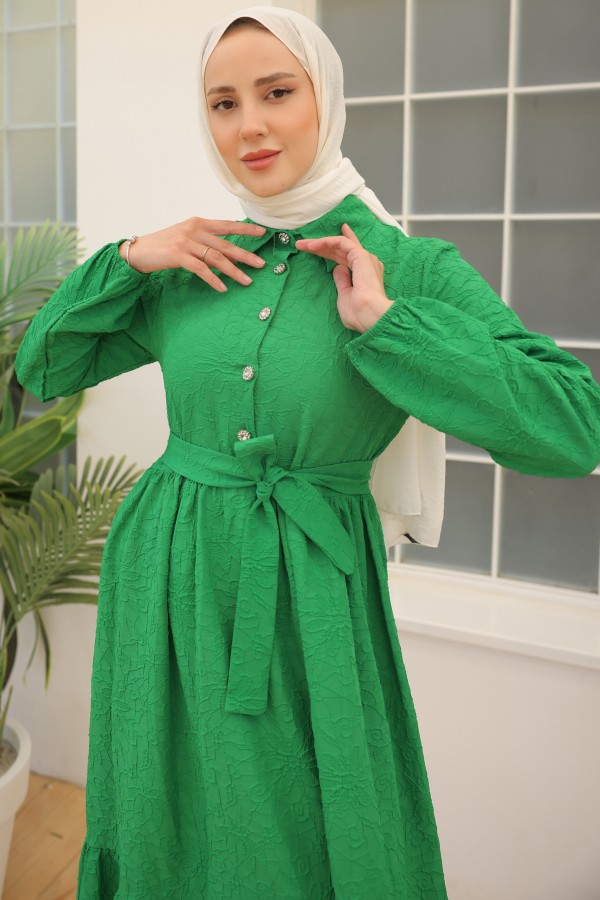  Kabartma Desenli Elbise Yeşil 61628